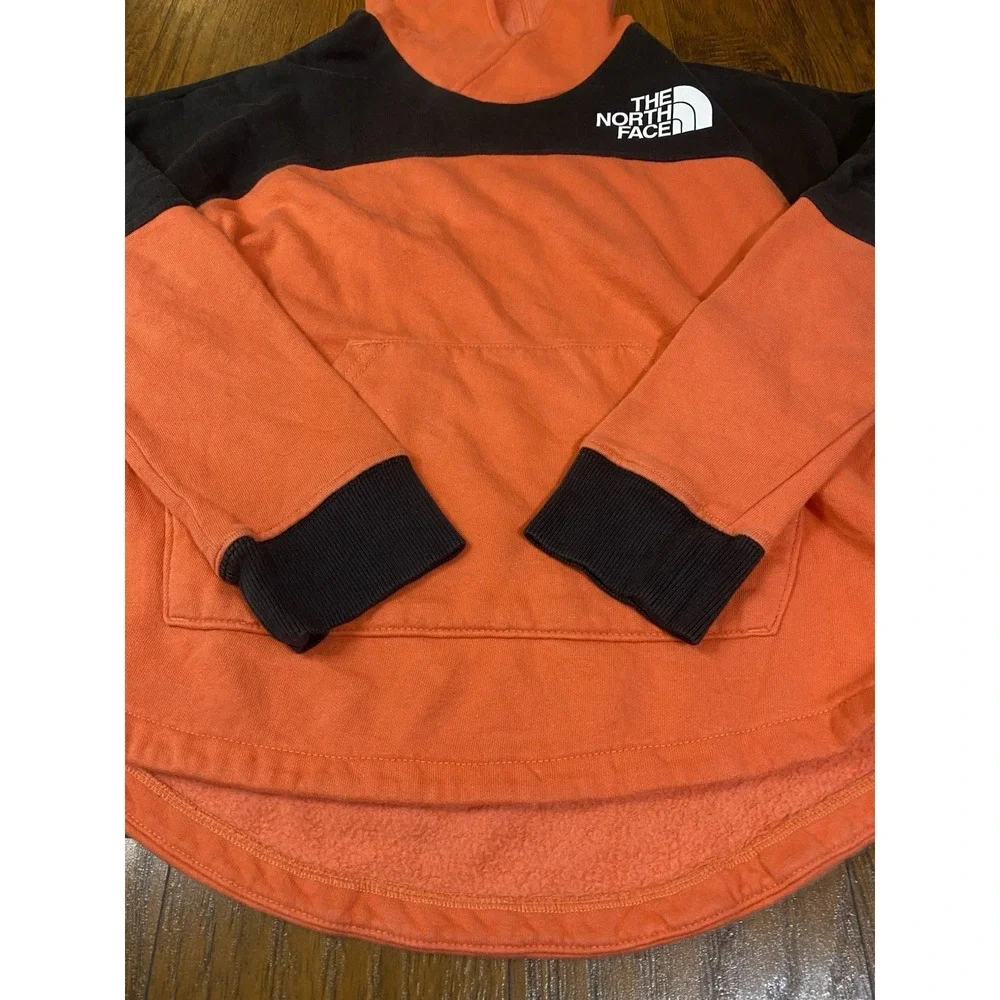 The North Face Girls Hoodie Orange Black Colorblock Fleece Pullover Large 14/16